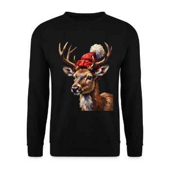 Hirsch mit roter Mütze – farbiger Winterlook - Unisex Pullover - Schwarz - Vorne - Alina (178cm) & Michal (187cm)