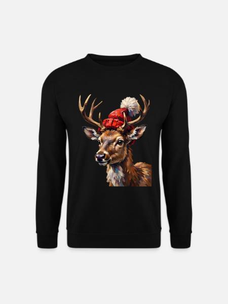 Hirsch mit roter Mütze – farbiger Winterlook - Unisex Pullover - Schwarz