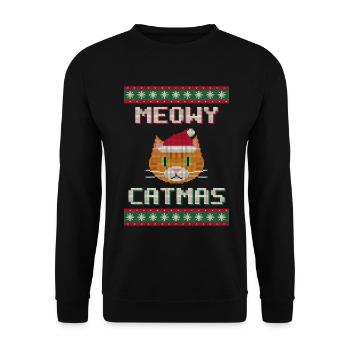 Meowy Catmas - Katze Weihnachtspullover - Unisex Pullover - Schwarz - Vorne - Alina (178cm) & Michal (187cm)