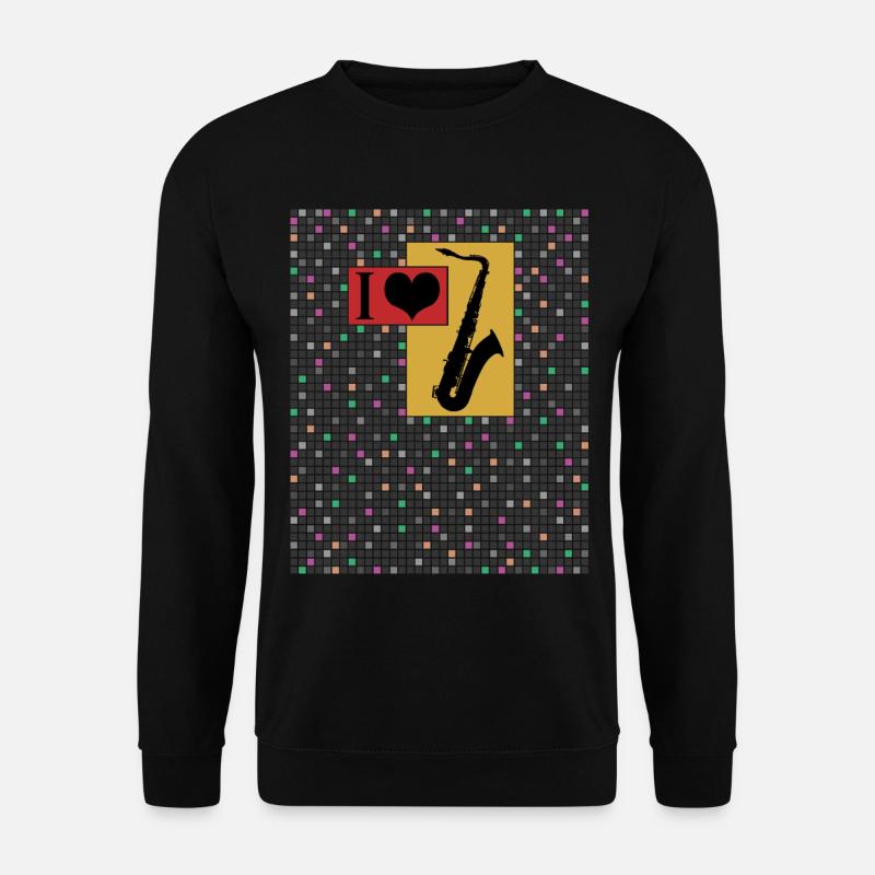 Ich liebe Saxofon. Saxofon und Herz auf Raster - Unisex Pullover - Schwarz