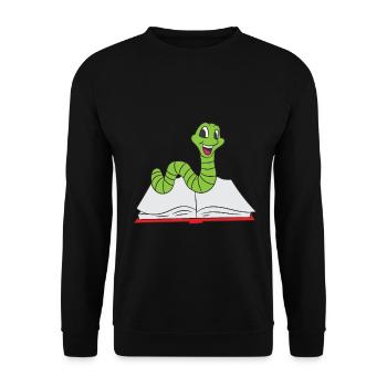 Bücherwurm krabbelt durch ein rotes Buch - Unisex Pullover - Schwarz - Vorne - Alina (178cm) & Michal (187cm)