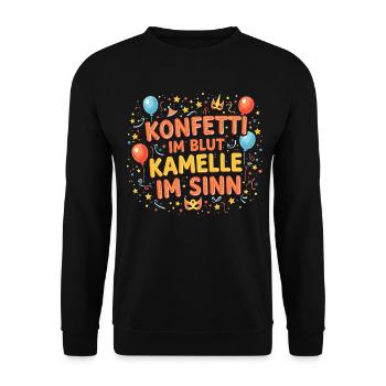 Konfetti im Blut Kamelle im Sinn Kostüm Karneval - Unisex Pullover - Schwarz - Vorne - Alina (178cm) & Michal (187cm)