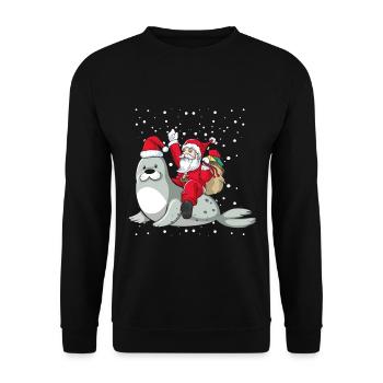 Santa reitet Robbe Seehund Ugly Christmas Zoo Tier - Unisex Pullover - Schwarz - Vorne - Alina (178cm) & Michal (187cm)