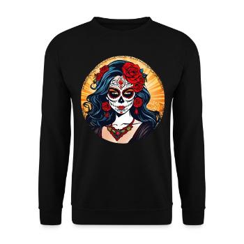Dia de los Muertos Frau mit Blumen - Unisex Pullover - Schwarz - Vorne - Alina (178cm) & Michal (187cm)
