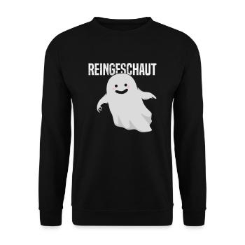 Reingeguckt Reingeschaut Geist Halloween Lochspiel - Unisex Pullover - Schwarz - Vorne - Alina (178cm) & Michal (187cm)