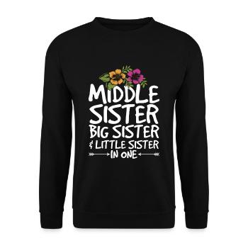 Geschwister Zitat für die mittlere Schwester - Unisex Pullover - Schwarz - Vorne - Alina (178cm) & Michal (187cm)
