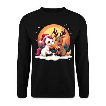 Einhorn & Rentier mit Schneeflocken Geschenk - Unisex Pullover - Schwarz - Vorne - Alina (178cm) & Michal (187cm)
