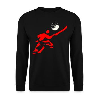 Shaolin Figur mit Hellebarde und Taijitu/ Yin-Yang - Unisex Pullover - Schwarz - Vorne - Alina (178cm) & Michal (187cm)