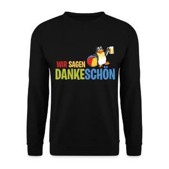 Dankeschön, Pinguin, Bier, Spruch, Cartoon, Lustig - Unisex Pullover - Schwarz - Vorne - Alina (178cm) & Michal (187cm)