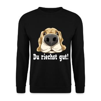 Du riechst gut Hundenasse Hund für einen - Unisex Pullover - Schwarz - Vorne - Alina (178cm) & Michal (187cm)