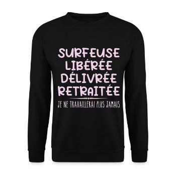 Surfer feiert Ruhestand mit Humor Geschenk - Unisex Pullover - Schwarz - Vorne - Alina (178cm) & Michal (187cm)