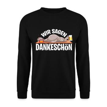 Dankeschön, Faultier, Bier, Spruch, Cartoon Lustig - Unisex Pullover - Schwarz - Vorne - Alina (178cm) & Michal (187cm)