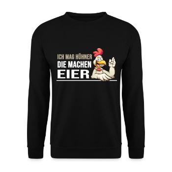 hühner hühnerleben "huhn macht eier" - Unisex Pullover - Schwarz - Vorne - Alina (178cm) & Michal (187cm)
