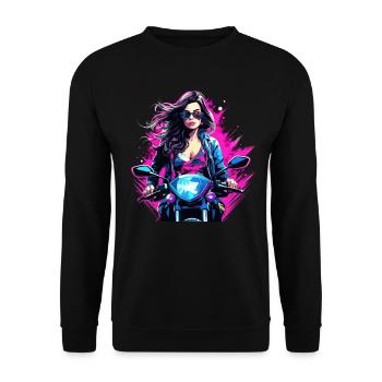 Frau auf dem Motorrad mit Sonnenbrille - Unisex Pullover - Schwarz - Vorne - Alina (178cm) & Michal (187cm)