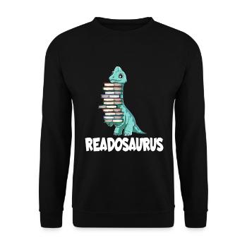 Readosaurus Dinosaurier Bücher Dino Lesen Langhals - Unisex Pullover - Schwarz - Vorne - Alina (178cm) & Michal (187cm)