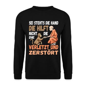 Helfende Hand Helfen Affe Mönch Nächstenliebe - Unisex Pullover - Schwarz - Vorne - Alina (178cm) & Michal (187cm)
