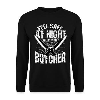 Fühlen Sie sich nachts sicher, Metzger - Unisex Pullover - Schwarz - Vorne - Alina (178cm) & Michal (187cm)