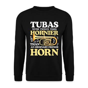 Tubas We're Twelve Times Hornier Than French Horn - Unisex Pullover - Schwarz - Vorne - Alina (178cm) & Michal (187cm)