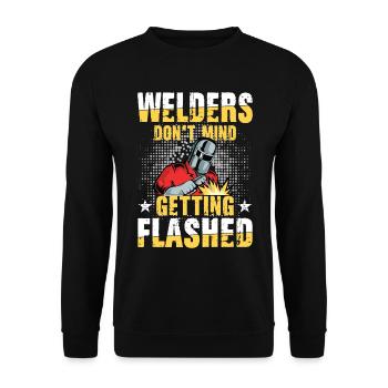 Welders Don't Mind Getting Flashed für einen - Unisex Pullover - Schwarz - Vorne - Alina (178cm) & Michal (187cm)