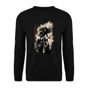 Schöne Motorradfahrerin auf ihrer Maschine - Unisex Pullover - Schwarz - Vorne - Alina (178cm) & Michal (187cm)