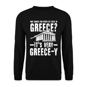 Eat Meat In Greece It's Very Greece-Y - Unisex Pullover - Schwarz - Vorne - Alina (178cm) & Michal (187cm)