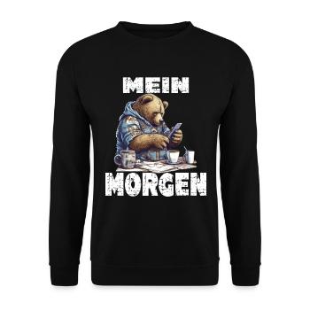 Mein Morgen Bär Zeitung Lesen - Unisex Pullover - Schwarz - Vorne - Alina (178cm) & Michal (187cm)