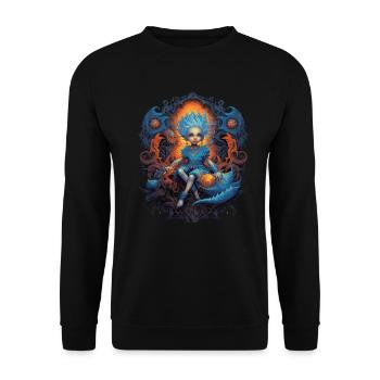 Niedlicher Blauer Kobold Phantasie Wesen - Unisex Pullover - Schwarz - Vorne - Alina (178cm) & Michal (187cm)