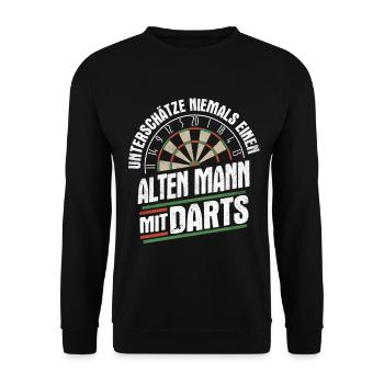 UNTERSCHÄTZE NIE ALTEN MANN DARTS STEELDARTS - Unisex Pullover - Schwarz - Vorne - Alina (178cm) & Michal (187cm)