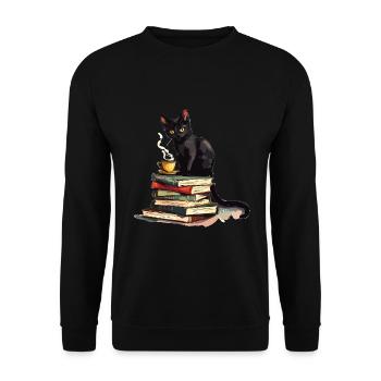 Cats Books Tea Reading - Cute Funny Graphic - Unisex Pullover - Schwarz - Vorne - Alina (178cm) & Michal (187cm)