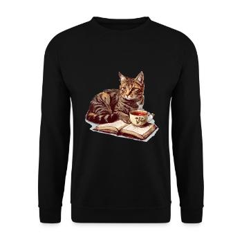 Cats Books Tea Reading - Cute Funny Graphic - Unisex Pullover - Schwarz - Vorne - Alina (178cm) & Michal (187cm)