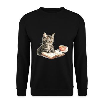 Cats Books Tea Reading - Cute Funny Graphic - Unisex Pullover - Schwarz - Vorne - Alina (178cm) & Michal (187cm)