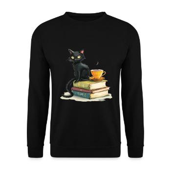Cats Books Tea Reading - Cute Funny Graphic - Unisex Pullover - Schwarz - Vorne - Alina (178cm) & Michal (187cm)
