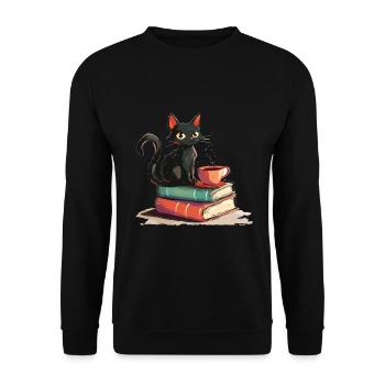 Cats Books Tea Reading - Cute Funny Graphic - Unisex Pullover - Schwarz - Vorne - Alina (178cm) & Michal (187cm)