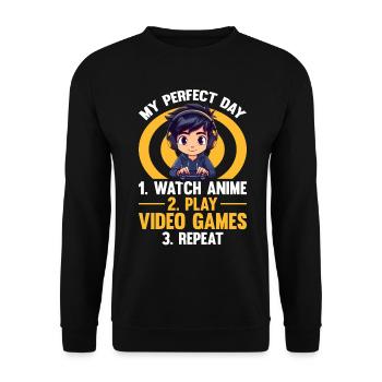 Anime Gaming Boy Manga Gamer Otaku My Perfect Day - Unisex Sweatshirt - black - Front - Alina (178cm) & Michal (187cm)