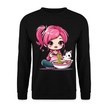 Ramen Cat Lover Cute Anime Girl Eating Ramen Otaku - Unisex Pullover - Schwarz - Vorne - Alina (178cm) & Michal (187cm)