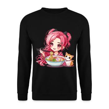 Ramen Cat Lover Cute Anime Girl Eating Ramen Otaku - Unisex Pullover - Schwarz - Vorne - Alina (178cm) & Michal (187cm)