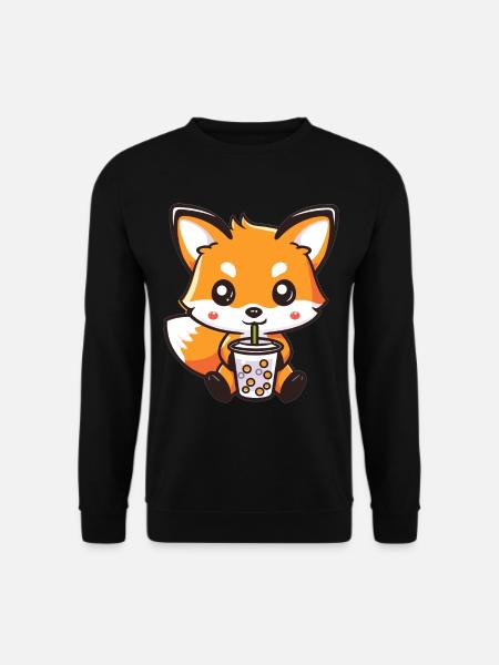 Kawaii Fox Drinking Bubble Tea Boba Anime Cute - Unisex Pullover - Schwarz