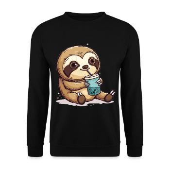 Kawaii Sloth Drinking Bubble Tea Boba Anime Cute - Unisex Pullover - Schwarz - Vorne - Alina (178cm) & Michal (187cm)