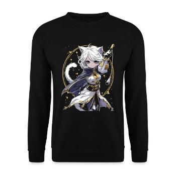 Anime Katze Mädchen niedlich Kawaii Charakter - Unisex Pullover - Schwarz - Vorne - Alina (178cm) & Michal (187cm)