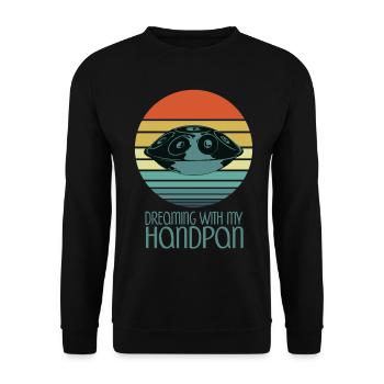 Handpan Hang Drum Musik Yoga Relax Sunset Retro - Unisex Pullover - Schwarz - Vorne - Alina (178cm) & Michal (187cm)