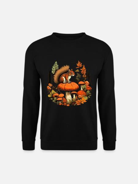 Herbst Eichhörnchen auf Orange Pilz Wald Szene - Unisex Pullover - Schwarz