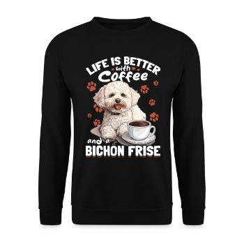 Bichon Frise Dog Breed Life is Better with Coffee - Unisex Pullover - Schwarz - Vorne - Alina (178cm) & Michal (187cm)