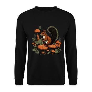 Herbst Eichhörnchen auf Orange Pilz Wald Szene - Unisex Pullover - Schwarz - Vorne - Alina (178cm) & Michal (187cm)