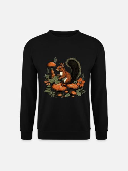 Herbst Eichhörnchen auf Orange Pilz Wald Szene - Unisex Pullover - Schwarz