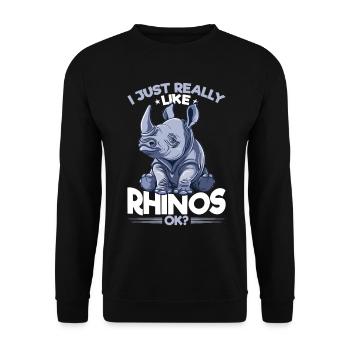 Rhinozeros Animal I Just Really Like Rhinos, Ok? - Unisex Pullover - Schwarz - Vorne - Alina (178cm) & Michal (187cm)