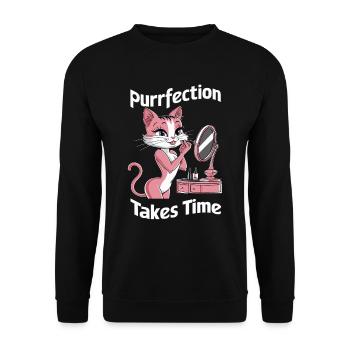 Purrfection Takes Time Niedliche Katze - Unisex Pullover - Schwarz - Vorne - Alina (178cm) & Michal (187cm)