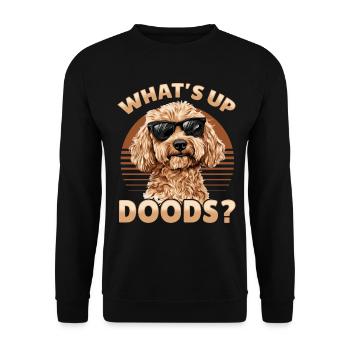 Race de chien Goldendoodle What’s Up Doods ? - Sweat-shirt Unisexe - noir - Devant - Alina (178cm) & Michal (187cm)
