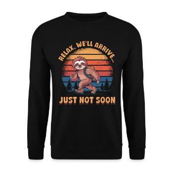 Sloth Hiking Mountains Relax, well arrive - Unisex Pullover - Schwarz - Vorne - Alina (178cm) & Michal (187cm)