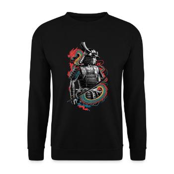 Samurai mit Drachen im Hintergrund - Japanische - Unisex Pullover - Schwarz - Vorne - Alina (178cm) & Michal (187cm)