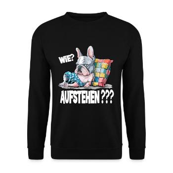 Französische Bulldogge: Wie? Aufstehen??? - Unisex Pullover - Schwarz - Vorne - Alina (178cm) & Michal (187cm)